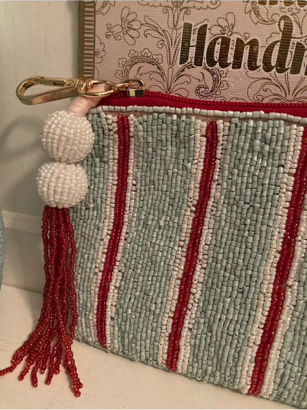 SUMMER SALE! NWT Beaded Striped Bag - Pale Blue Red White